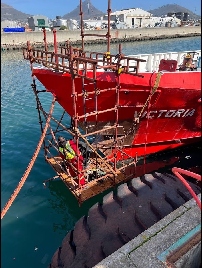 Marine scaffolding providing access for vessel-side repair work