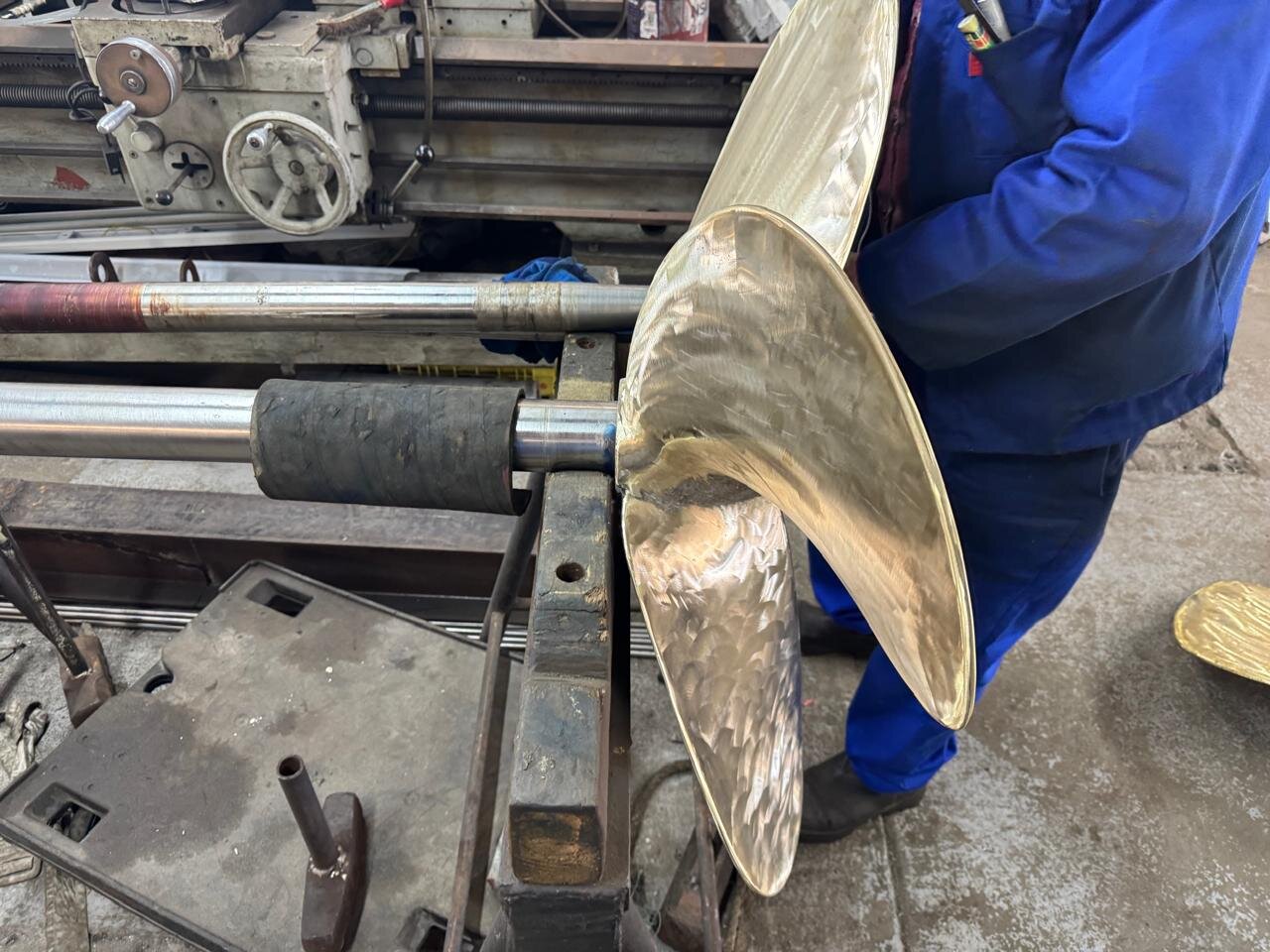 Propeller supported during workshop trial fitting to its corresponding shaft