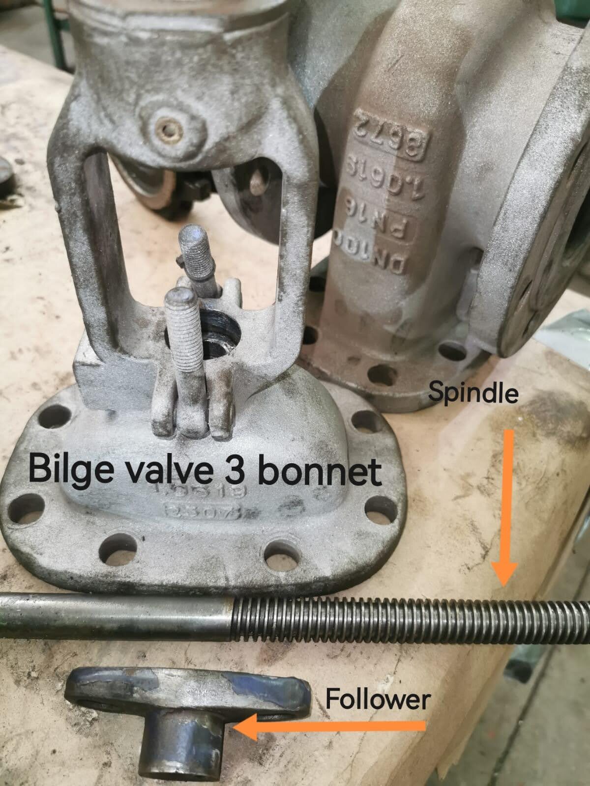 Bilge valve bonnet and spindle recorded during workshop inspection